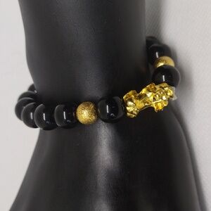 Feng Shui Black Obsidian & Gold Pixiu Wealth Luck Bracelet | Unisex Stretch